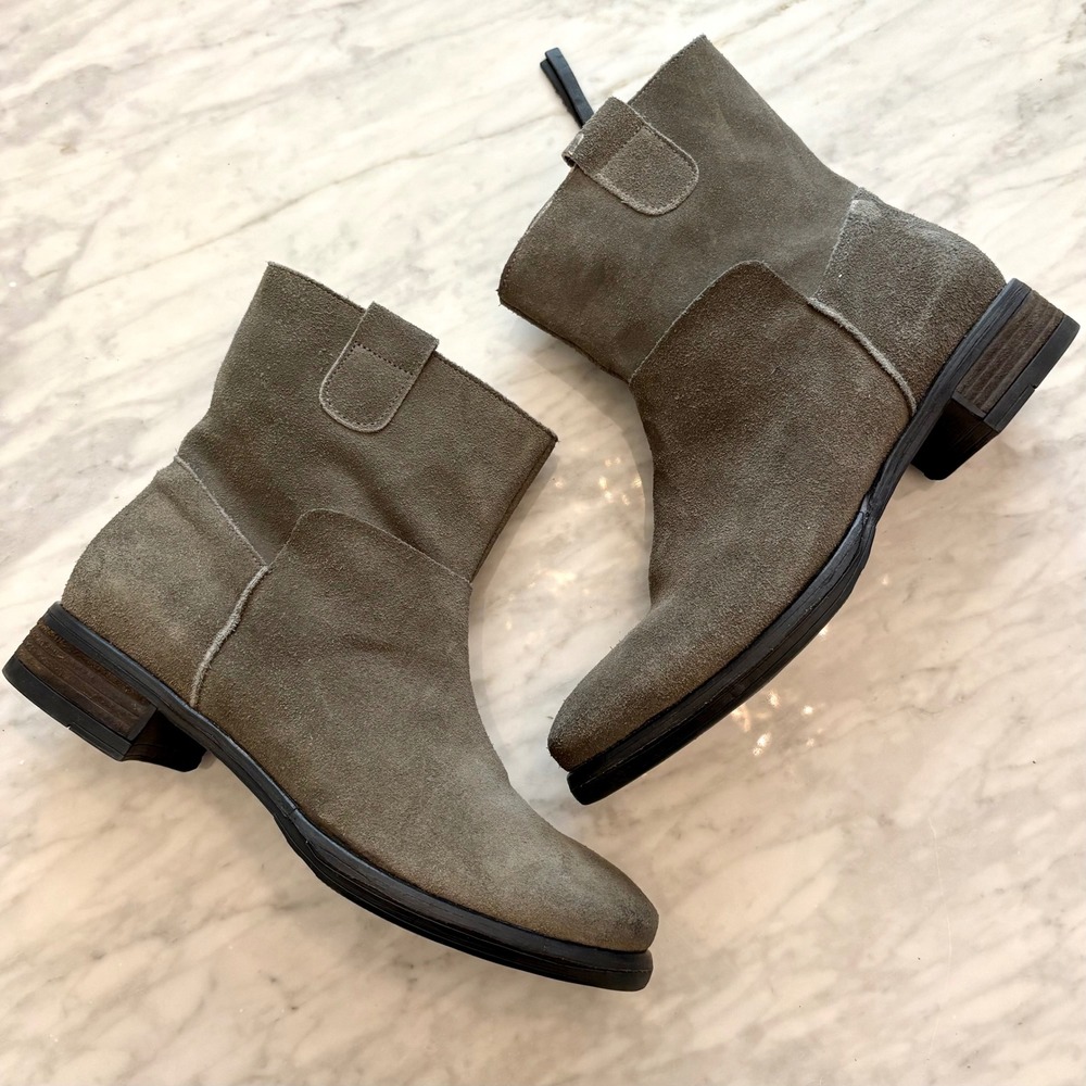 Anthropologie CoqueTerra Suede Ankle Boots ‎ Zip Stacked Heel Olive Green EU 41